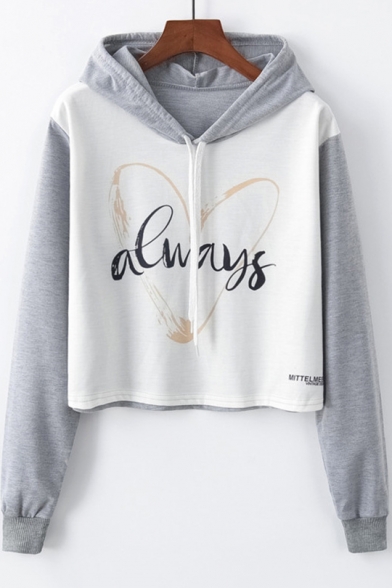 Heart Letter ALWAYS Printed Color Block Long Sleeve Cropped White Hoodie