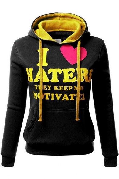Heart Letter I LOVE HATERS Print Colorblock Long Sleeve Slim Fitted Hoodie