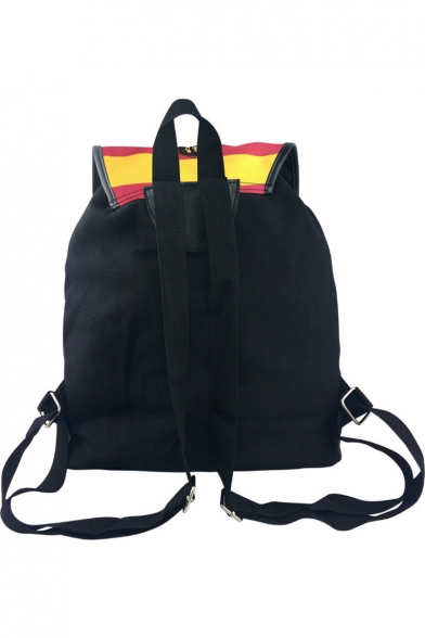 Hot Fashion Classic Red and Yellow Stripe Pattern Badge Patchwork Double Pockets Front Black Drawstring School Bag Backpack 38*30*17 CM