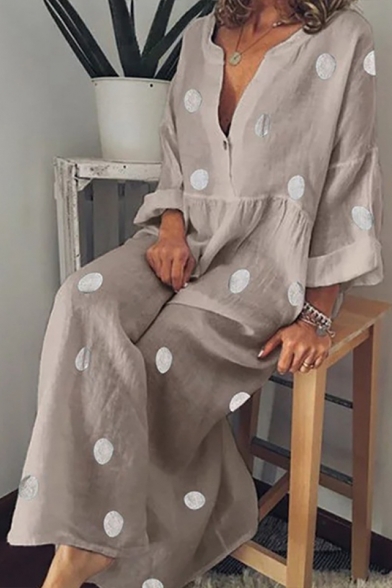 V-Neck Long Sleeve Polka Dot Printed Button Detail Boho Maxi Dress For Women