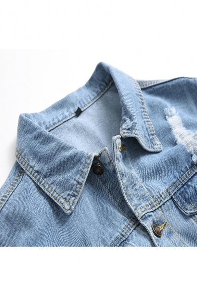 Men's Stylish Destroyed Ripped Light Blue Long Sleeve Button Front Denim Jacket