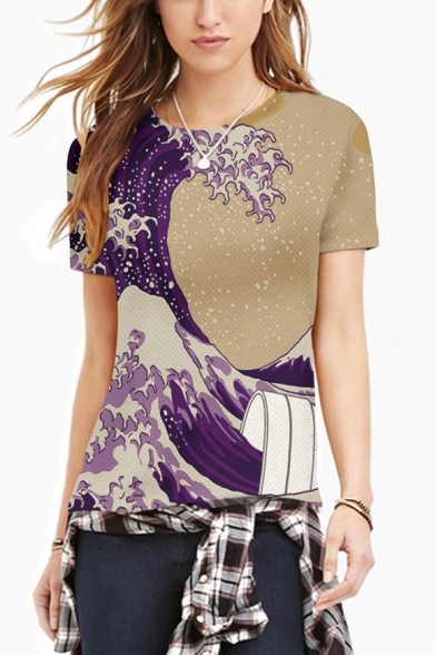 Men's Summer Hot Fashion Wave Print Short Sleeve Round Neck Purple Casual Unisex T-Shirt