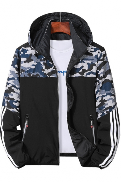 Mens Cool Camo Patchwork Striped Long Sleeve Zip Pocket Zipper Front Casual Hooded Track Jacket