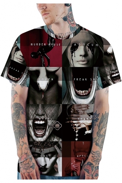 Mens Cool Horror Figure Printed Round Neck Short Sleeve Casual Loose T-Shirt