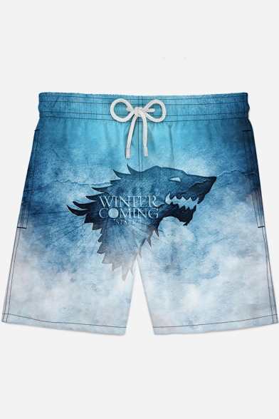 Mens Cool Wolf Head Letter WINTER IS COMING Pattern Drawstring Waist Blue Casual Loose Swim Trunks Swim Shorts