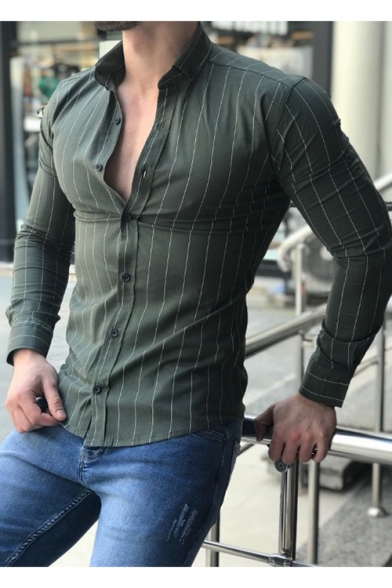 Etecredpow Mens Long Sleeve Lapel Neck Metallic Curved Hem Button Down Shirts 