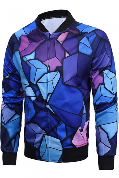 Mens New Fashion Blue Geometric Pattern Stand Collar Long Sleeve Zip Up Fitted Jacket