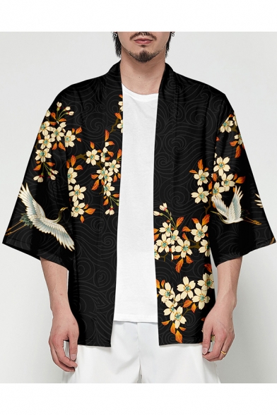 Mens Retro Chinese Style Pattern Three-Quarter Sleeve Loose Fit Sun Protection Kimono Shirt