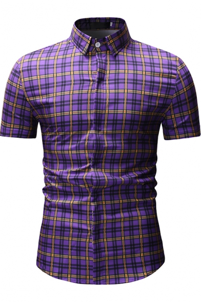 Mens Stylish Plaid Printed Short Sleeve Slim Fitted Button Up Shirt