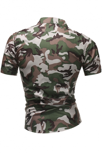 Mens Trendy Camo Printed Spread Collar Short Sleeve Military Slim Fit Shirt