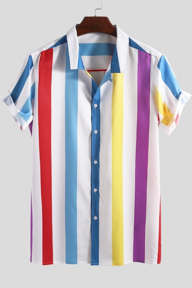 Mens Trendy Colorful Stripe Print Notched Lapel Collar Short Sleeve Button Front Beach Camp Shirt