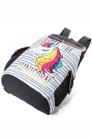 New Collection Letter Stripe Unicorn Printed Black and White Drawstring Backpack with Side Pockets 28*11*39 CM