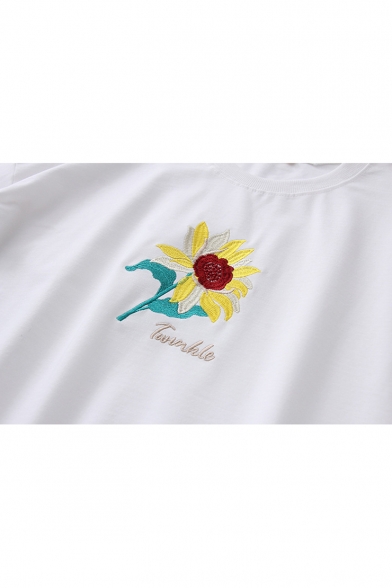 New Simple Varsity Cartoon Floral Embroidered Round Neck Long Sleeve Loose Fit Sweatshirt for Women