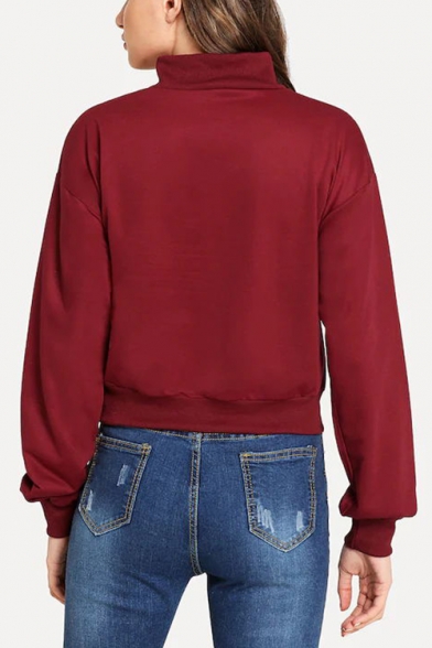 New Stylish Striped Print Patched Zip Up Front High Neck Long sleeve Burgundy Sweatshirt