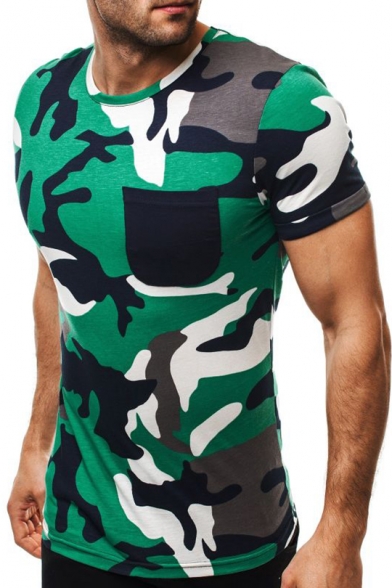New Trendy Camouflage Pattern One Pocket Chest Short Sleeve Round Neck Slim Fit T-Shirt