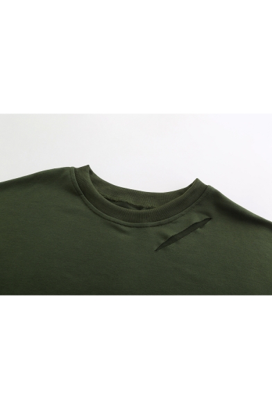 Popular Number 1984 Pattern Round Neck Long Sleeve Ripped Hem Cropped Sweatshirt for Women