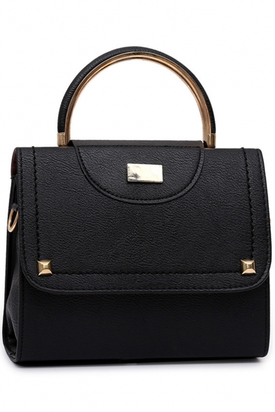 Simple Plain Rivet Embellishment Top Handbag Leather Satchel Handbag 20.5*8*17.5 CM