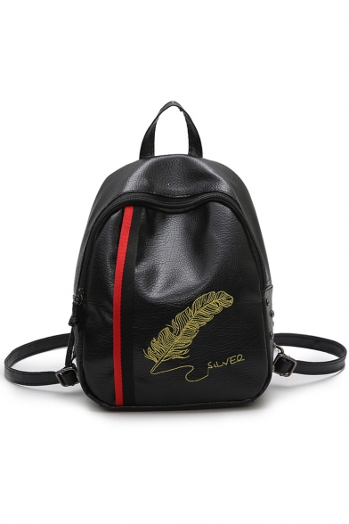Stylish Colorblock Striped Patched Feather Letter Embroidery Black Soft Leather Leisure Travel Bag Backpack 21*8*28 CM