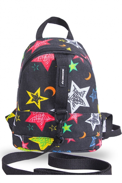 Stylish Star Printed Black Canvas School Bag Backpack 20*9*27 CM