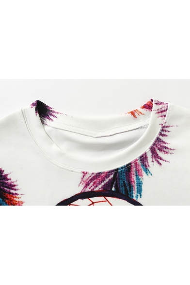 Stylish White Feather Dream Catcher Printed Round Neck Long Sleeve Casual Sweatshir