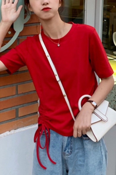 Summer Chic Drawstring Ruched Side Round Neck Short Sleeve Casual Cotton Plain Tee