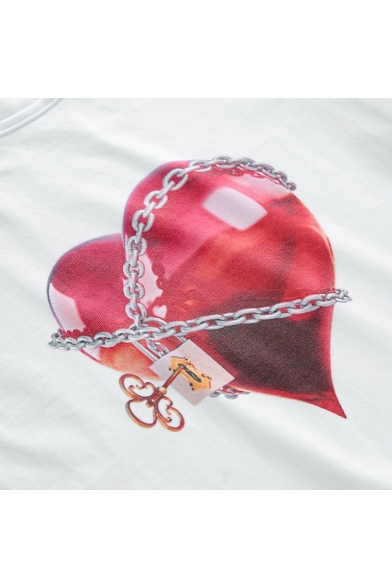Summer Cool Unique Chain Heart Printed Round Neck Short Sleeve White Fitted Crop T-Shirt