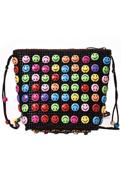 Summer Fashion Emoji Pattern Hollow Woven Crossbody Beach Bag 12*5*14 CM