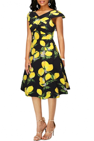 Summer Fashionable Lemon Pattern V-Neck Vintage Fit and Flared Midi Dress