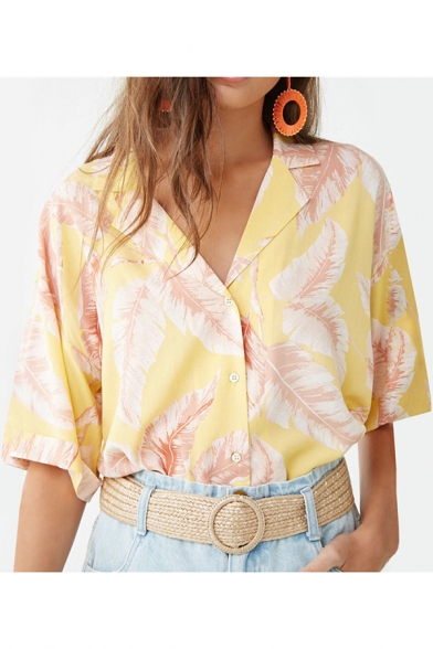 Summer Holiday Tropical Leaf Print Lapel Collar Short Sleeve Casual Button Beach Camp Shirt