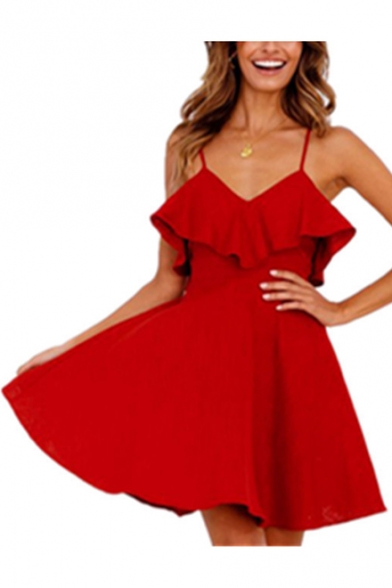 Summer Hot Popular Simple Solid Color Ruffled Hem Open Back Red A-Line Cami Dress