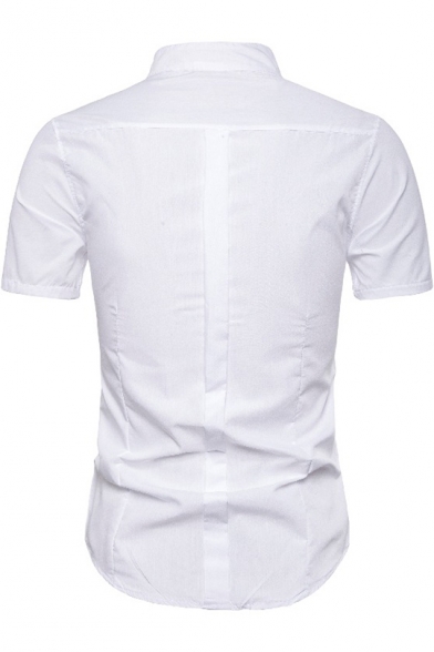 Summer Men Simple Plain Stand Collar Short Sleeve Pleated Slim Fit Shirt