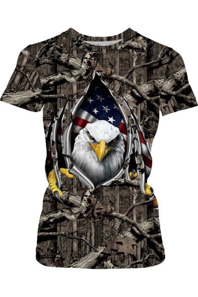 Summer New Trendy Round Neck Short Sleeve 3D Eagle Flag Print Loose Brown T-Shirt