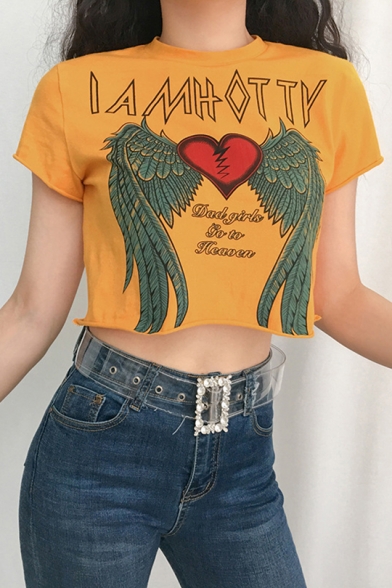 Summer Popular Stylish Wing Heart Print Short Sleeve Orange Crop T-Shirt