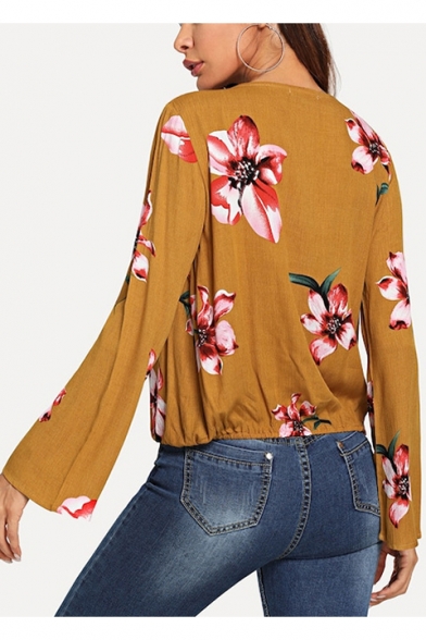 Summer Sexy Surplice Plunging V-Neck Long Sleeve Chic Floral Printed Yellow Blouse Top