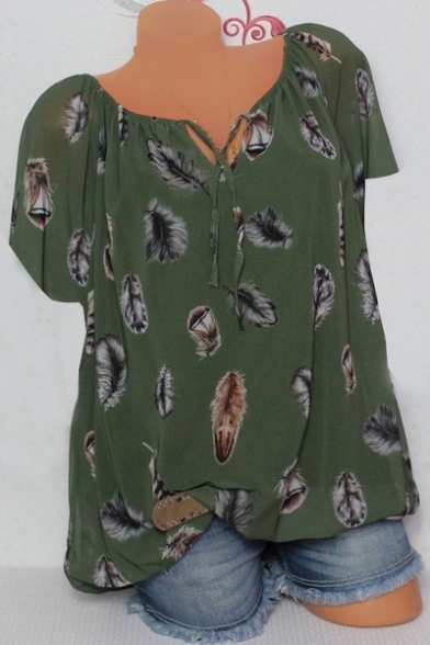Summer Stylish Allover Feather Pattern Tied V-Neck Short Sleeve Casual Loose T-Shirt