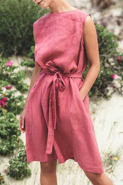 

Summer Trendy Simple Plain Round Neck Sleeveless Tied Waist Red Linen A-Line Dress, LM535354