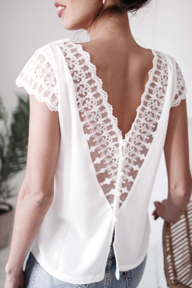 Summer White Chic Hollow Lace Patched Short Sleeve V-Neck Casual Simple Chiffon Blouse Top