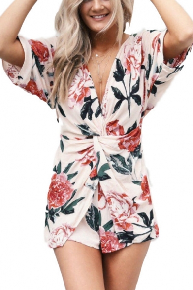 Summer Womens Fashion Floral Pattern Twist V-Neck Short Sleeve Cutout Back Rompers