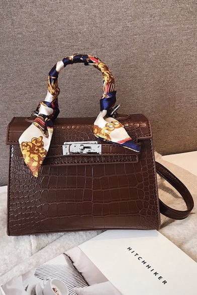 Trendy Crocodile Pattern Silk Scarf Handle Work Satchel Handbag 20*9*15 CM