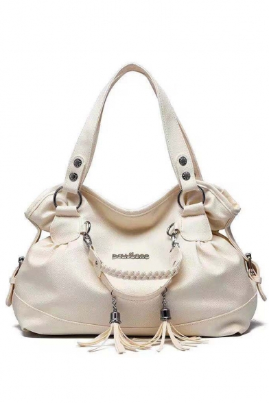Trendy Solid Color Braided Handle Tassel Embellishment Satchel Shoulder Bag