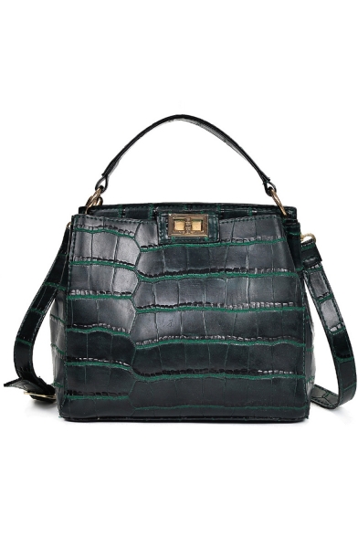 Trendy Solid Color Crocodile Pattern Green Satchel Shoulder Bag 25*12*20 CM