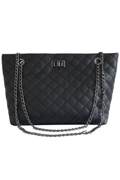 Trendy Solid Color Diamond Check Quilted Tote Shoulder Bag 28*11*22 CM