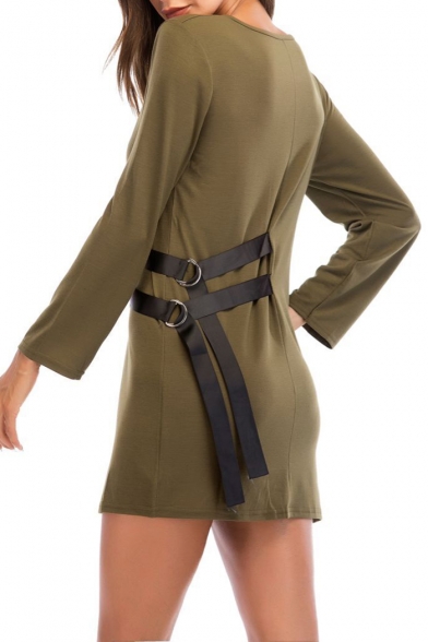 Unique Black Ribbon Embellished Simple Plain Long Sleeve Round Neck Army Green Mini A-Line Dress