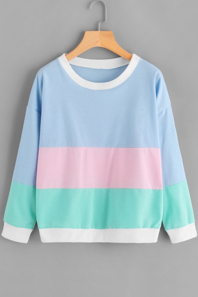 Unique Contrast Trim Round Neck Long Sleeve Colorblock Pullover Sweatshirt