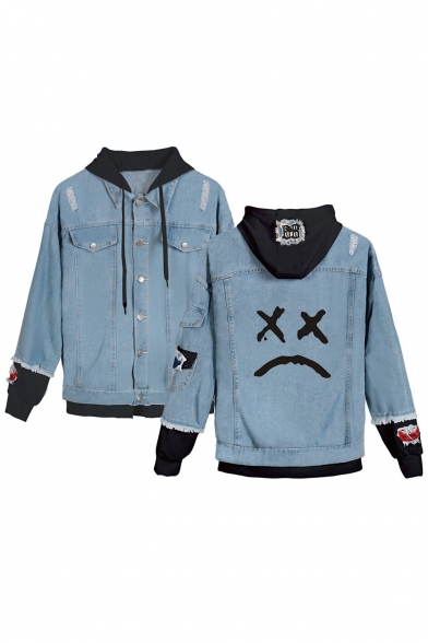 Unique Cool Sad Face Printed Long Sleeve Patched Hooded Button Down Blue Denim Jacket