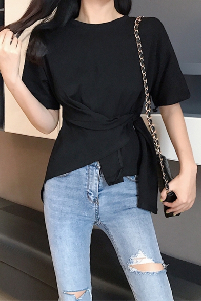 Unique Stylish Irregular Tied Front Round Neck Short Sleeve Fitted Cotton T-Shirt
