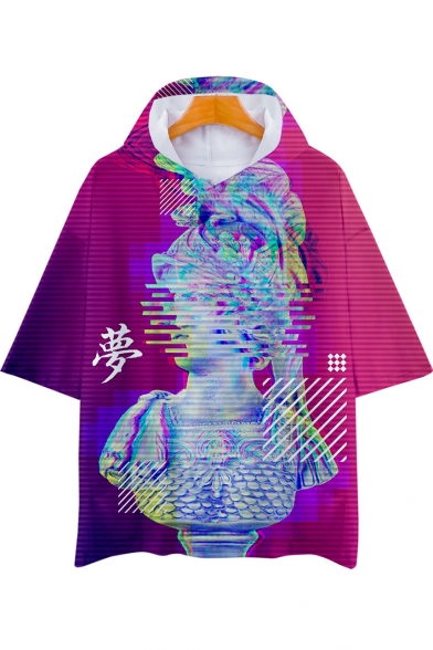 Vaporwave Cool 3D Figure Sculpture Pattern Short Sleeve Hooded Relaxed T-Shirt