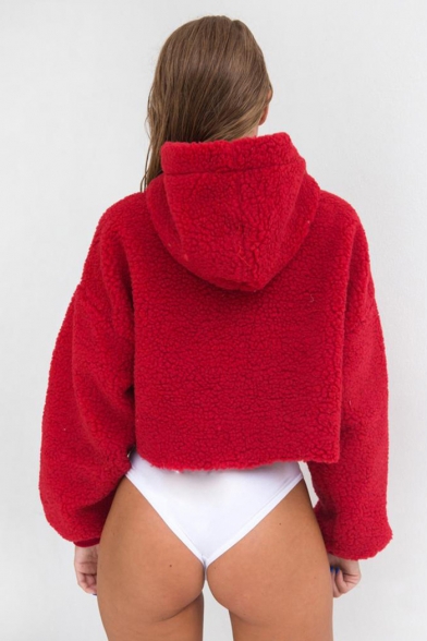 Women's Comfortable Solid Color Long Sleeve Faux Fur Loose Fit Cropped Hoodie
