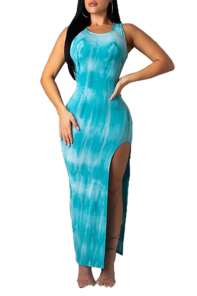 Women's Elegant Round Neck Sleeveless Tie-dye Printed Split Side Maxi Tank Blue Dress