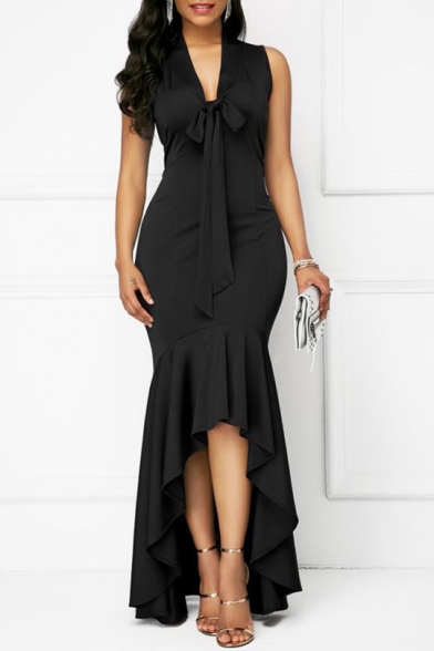 Women's Esteemed Bow V-Neck Sleeveless Asymmetric Hem Maxi Tank Black Dress